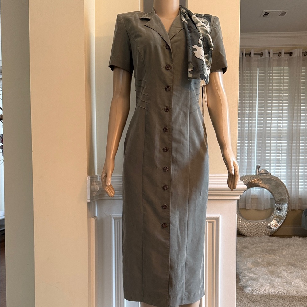 Sheri Martin Classic Gray Midi Dress with scarf attached to dress
